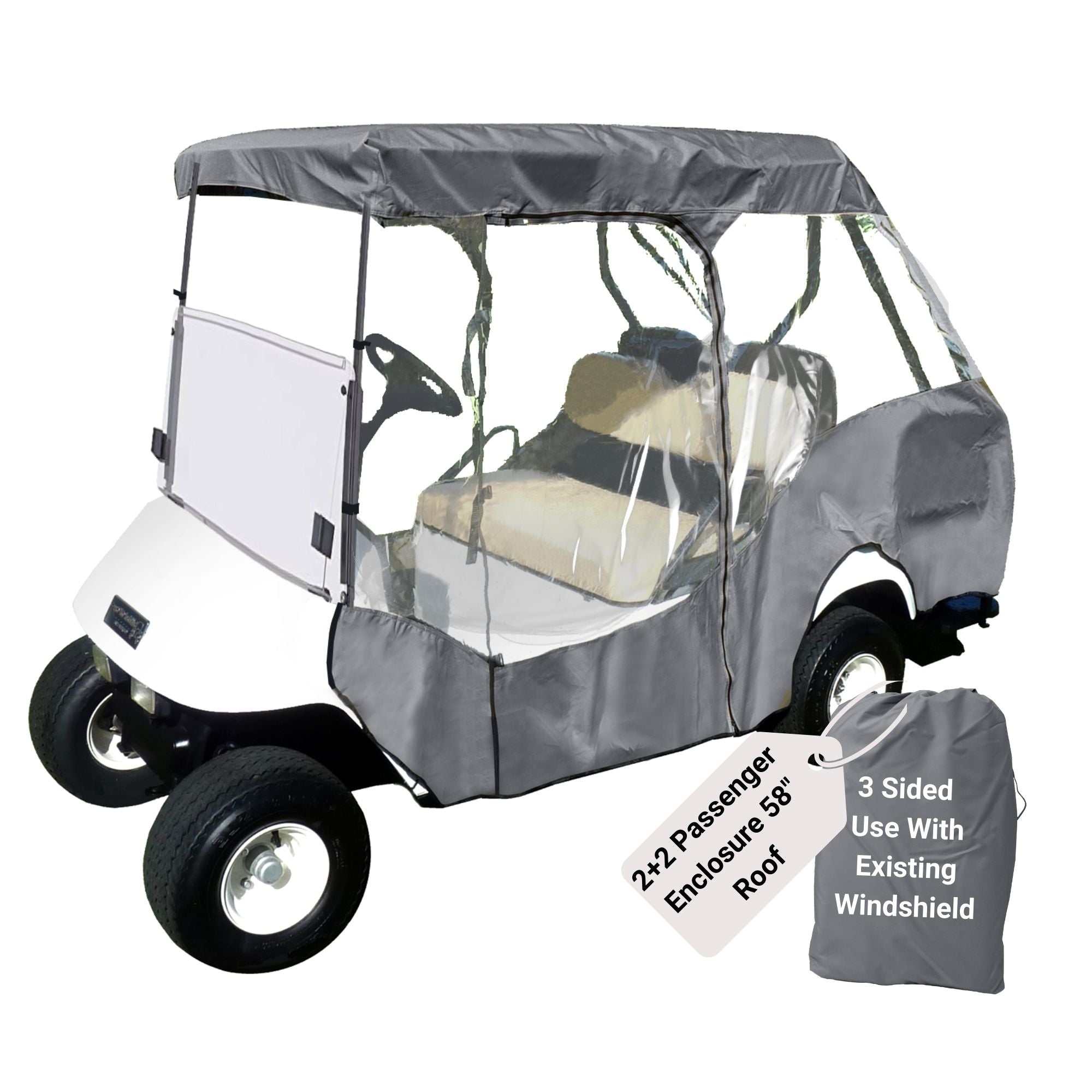 2+2 Passenger 3 Sided Golf Cart Enclosure Short Roof 58"L Cover Open Front - Grey
