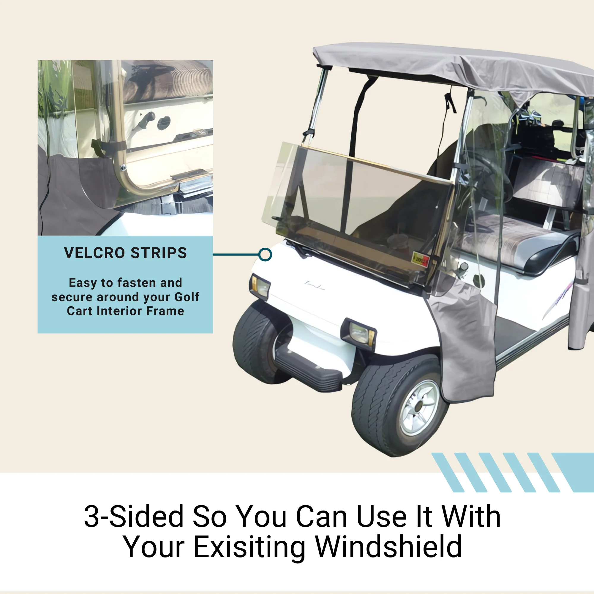 2+2 Passenger 3 Sided Golf Cart Enclosure Short Roof 58"L Cover Open Front - Grey - Image 5