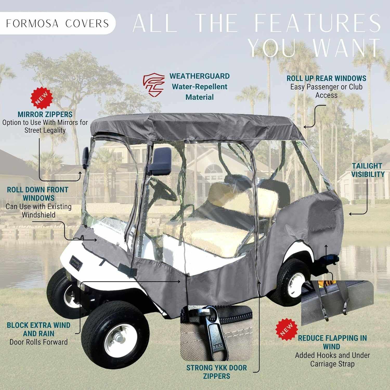 2+2 Passenger Golf Cart Driving Enclosure Cover (4 Passenger Short Roof 58") Grey - Image 3