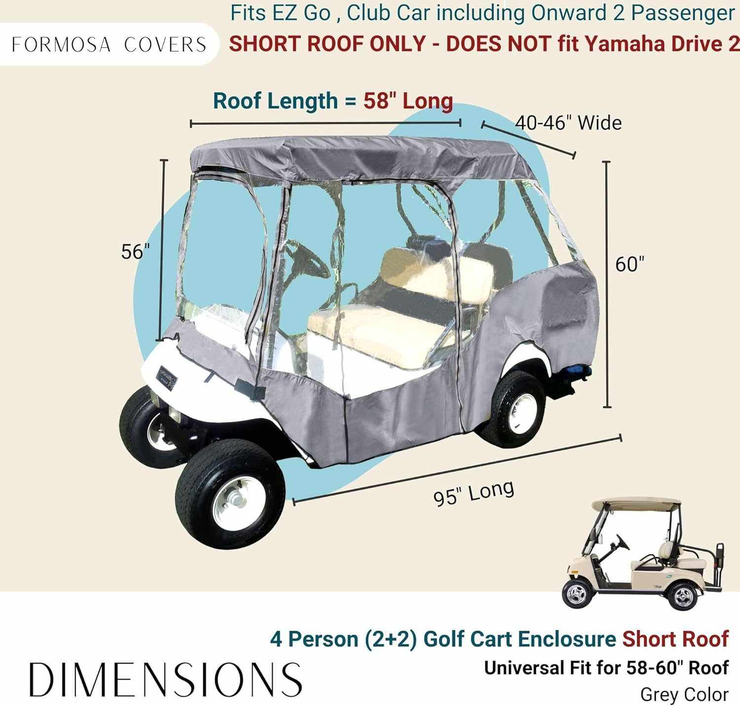 2+2 Passenger Golf Cart Driving Enclosure Cover (4 Passenger Short Roof 58") Grey - Image 6