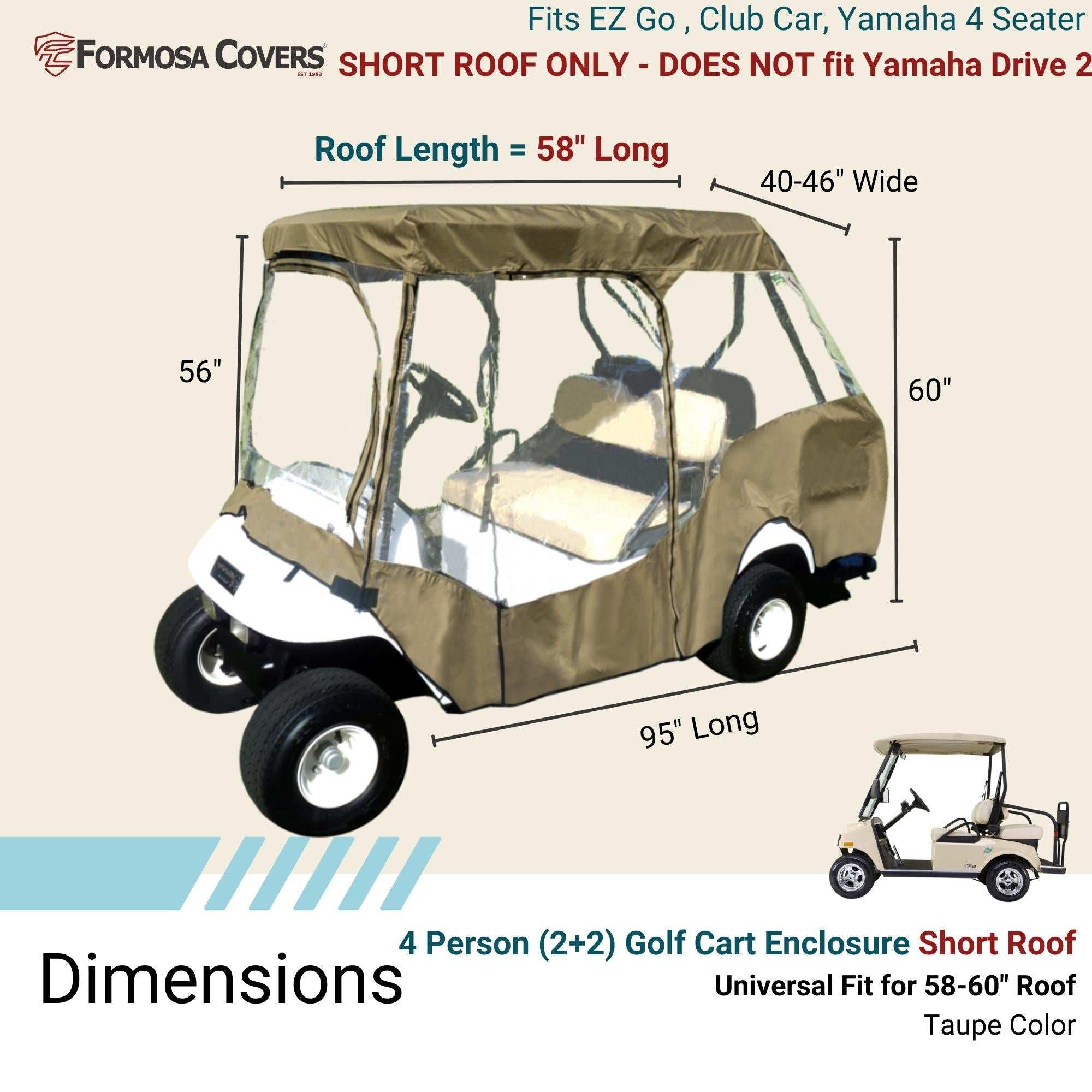 2+2 Passenger Golf Cart Driving Enclosure Cover (4 Passenger Short Roof 58") Taupe - Image 3