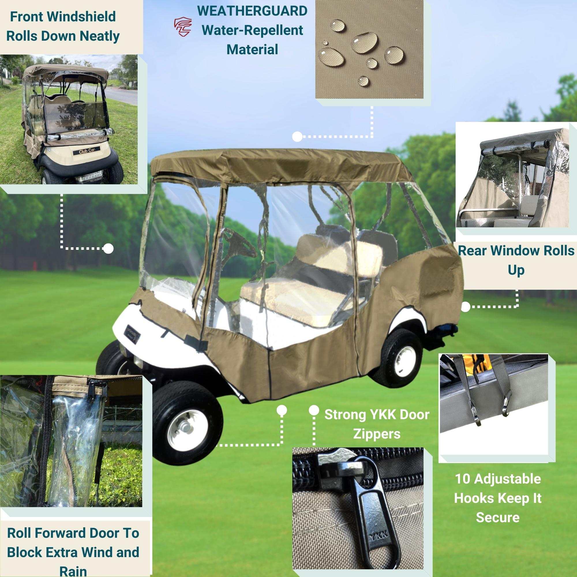 2+2 Passenger Golf Cart Driving Enclosure Cover (4 Passenger Short Roof 58") Taupe - Image 5