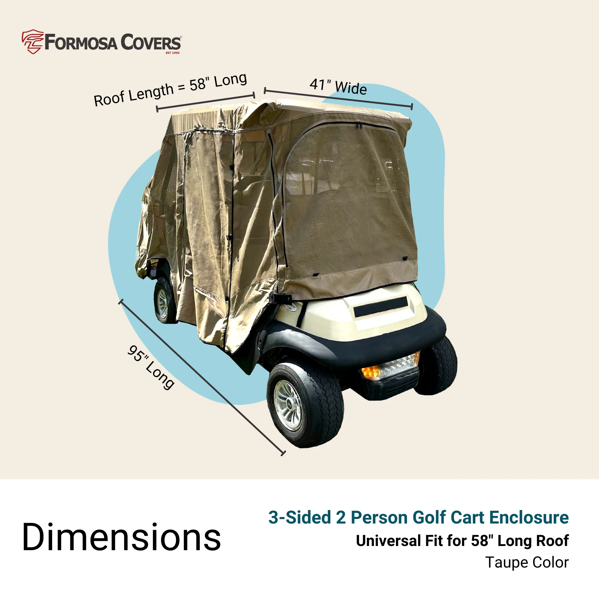 2+2 Passenger Golf Cart Driving Enclosure Cover (4 Passenger Short Roof 58") Texteline Mesh Taupe - Image 2