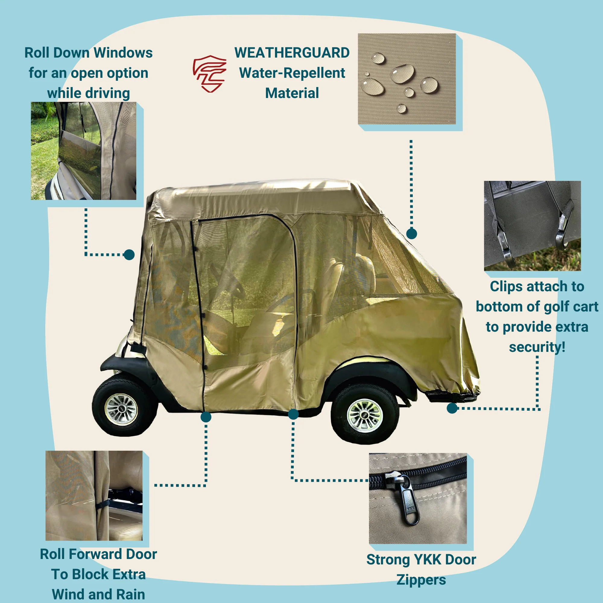 2+2 Passenger Golf Cart Driving Enclosure Cover (4 Passenger Short Roof 58") Texteline Mesh Taupe - Image 3