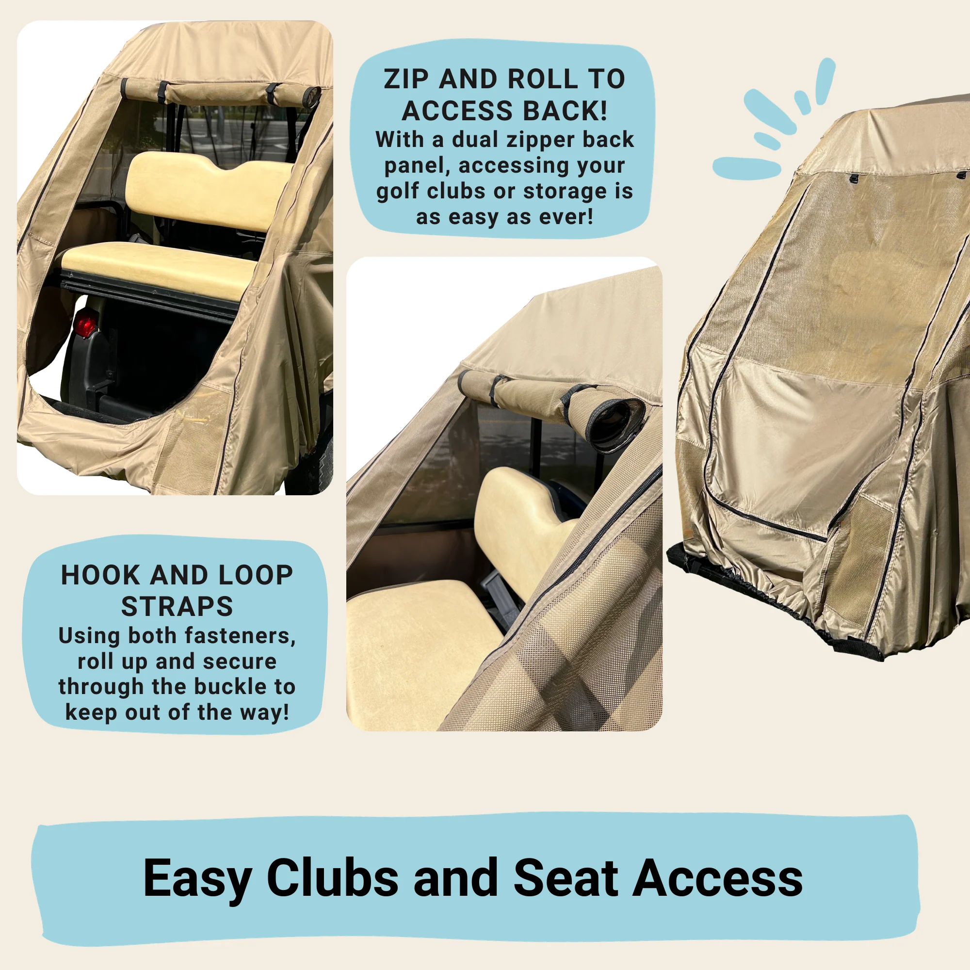 2+2 Passenger Golf Cart Driving Enclosure Cover (4 Passenger Short Roof 58") Texteline Mesh Taupe - Image 4