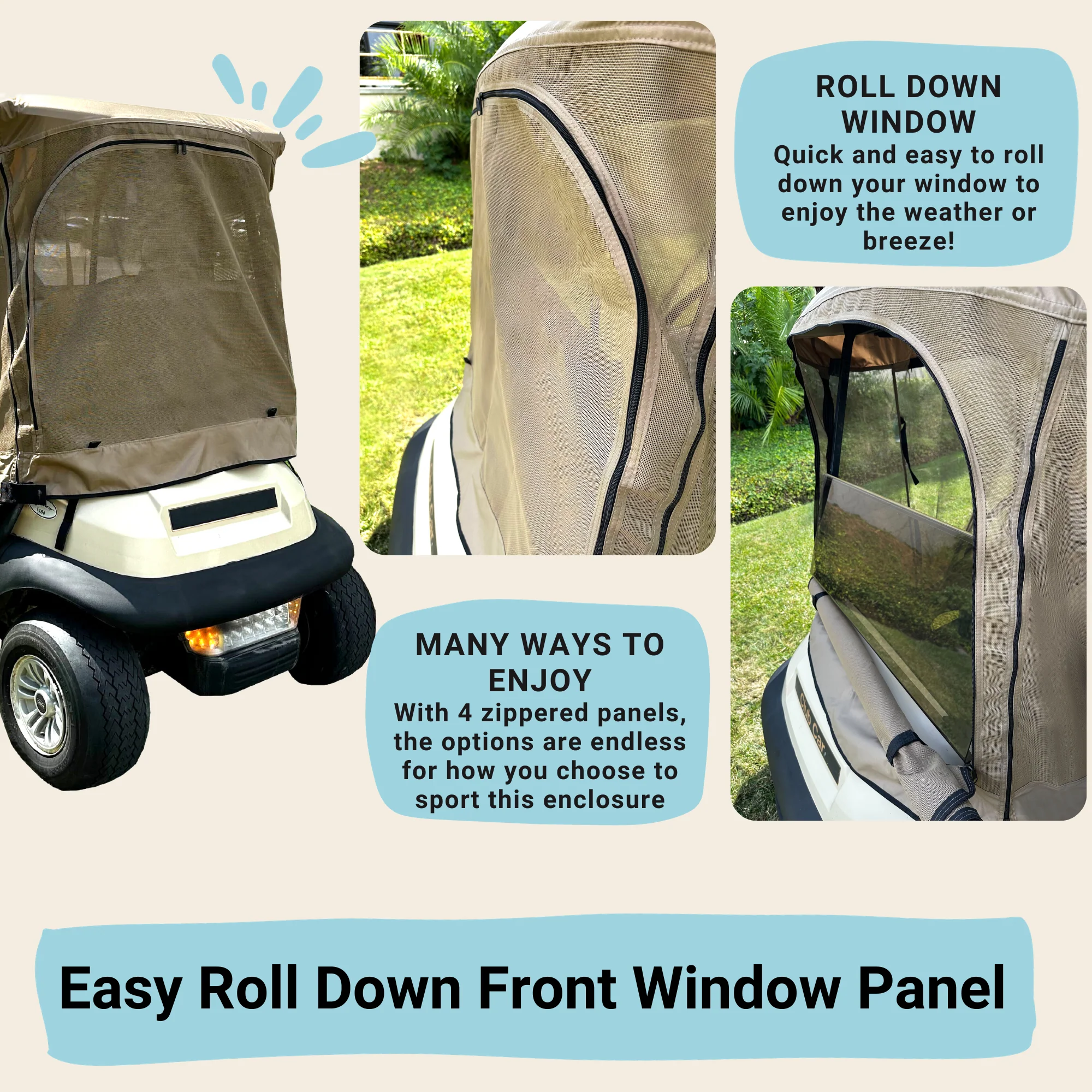 2+2 Passenger Golf Cart Driving Enclosure Cover (4 Passenger Short Roof 58") Texteline Mesh Taupe - Image 5
