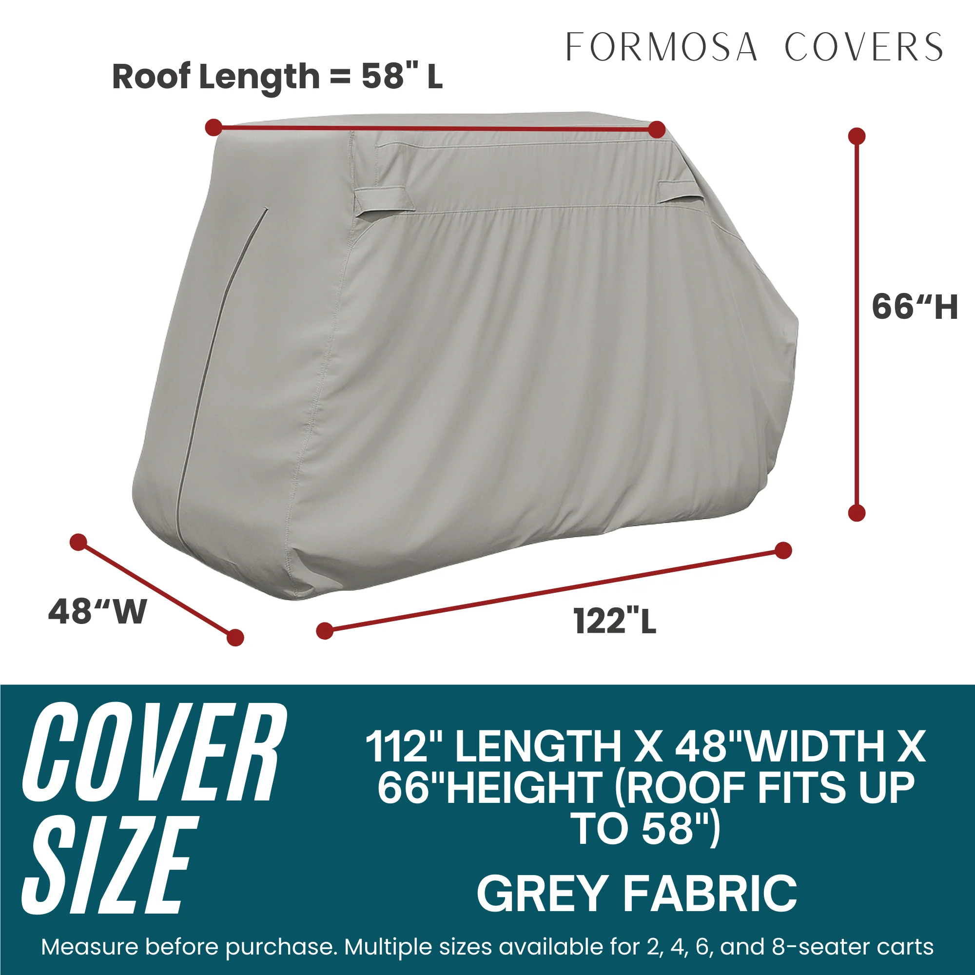 2+2 Passenger Golf Cart Storage Cover (4 Passenger Short Roof 58") Grey - Image 2