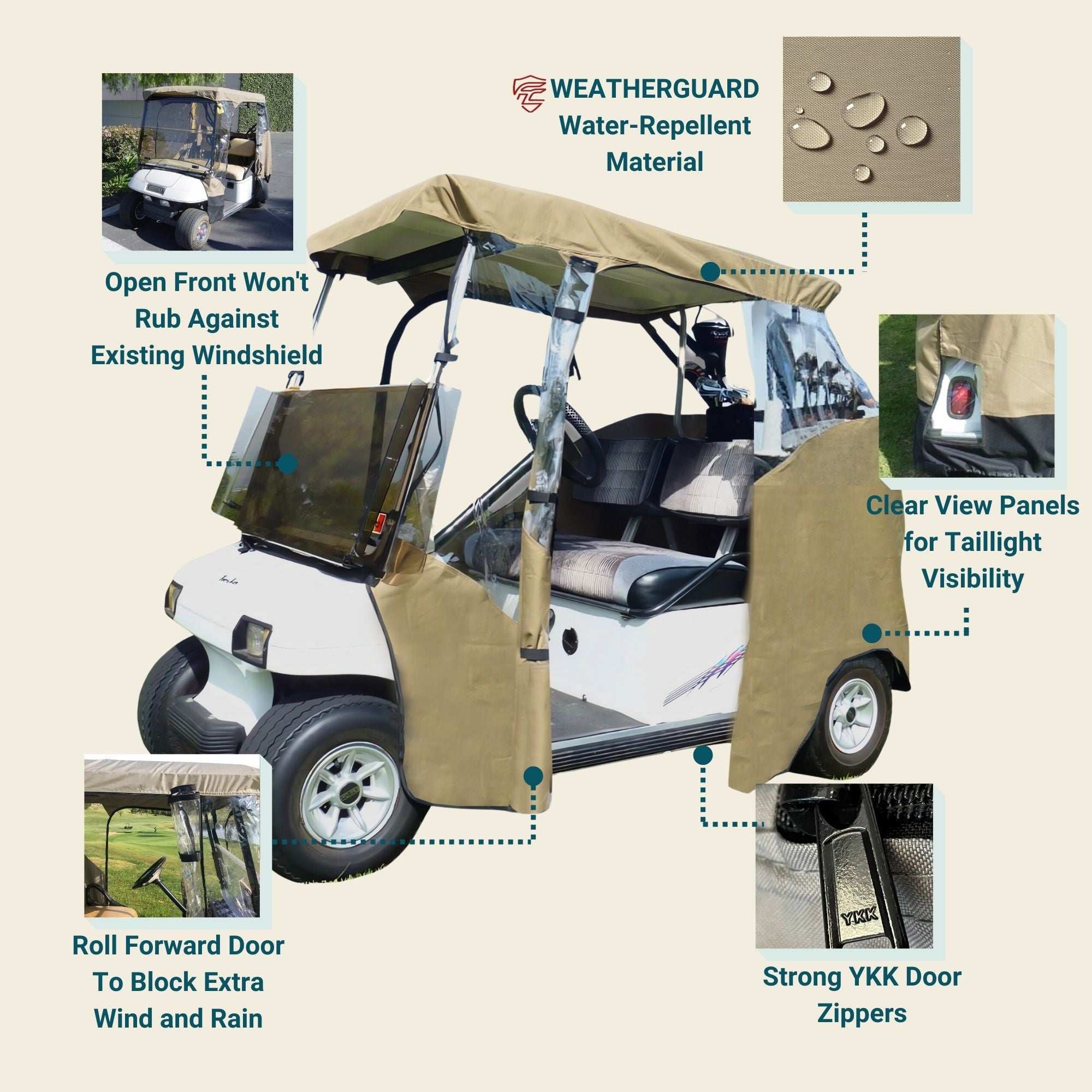 2 Passenger 3 Sides Golf Cart Driving Enclosure Cover Open Front Taupe - Image 4
