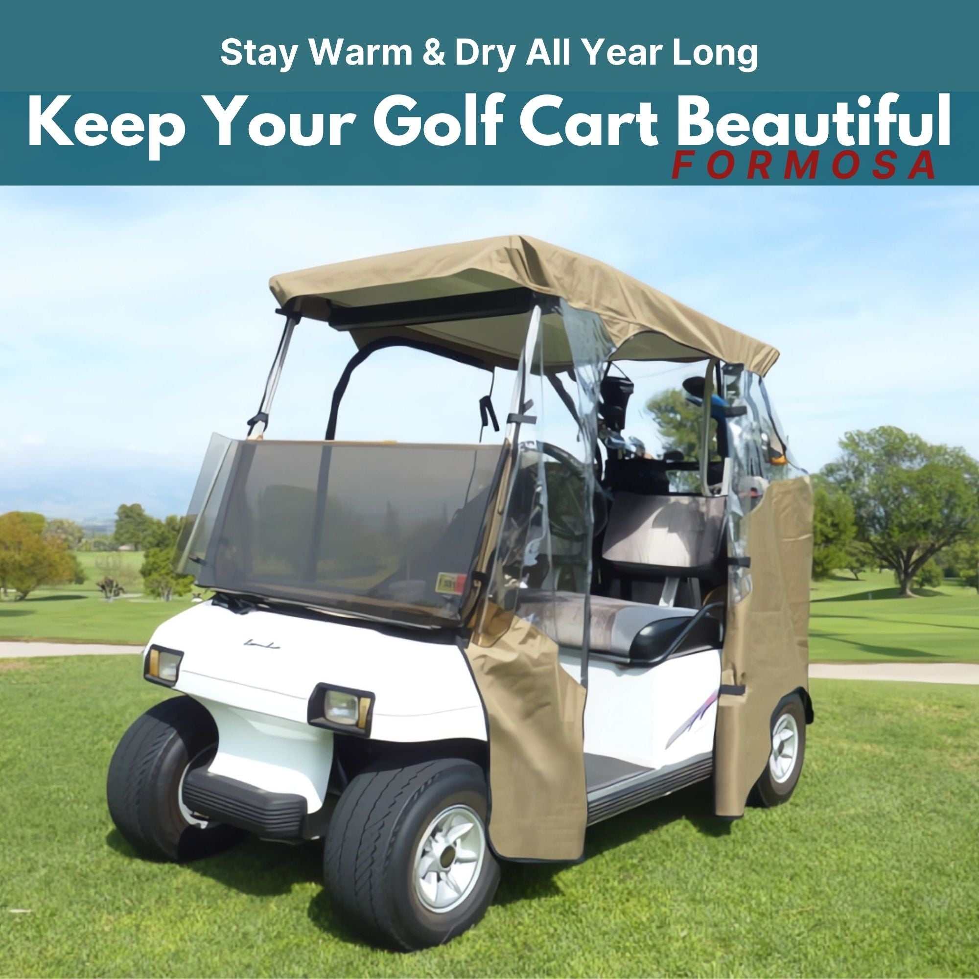 2 Passenger 3 Sides Golf Cart Driving Enclosure Cover Open Front Taupe - Image 6