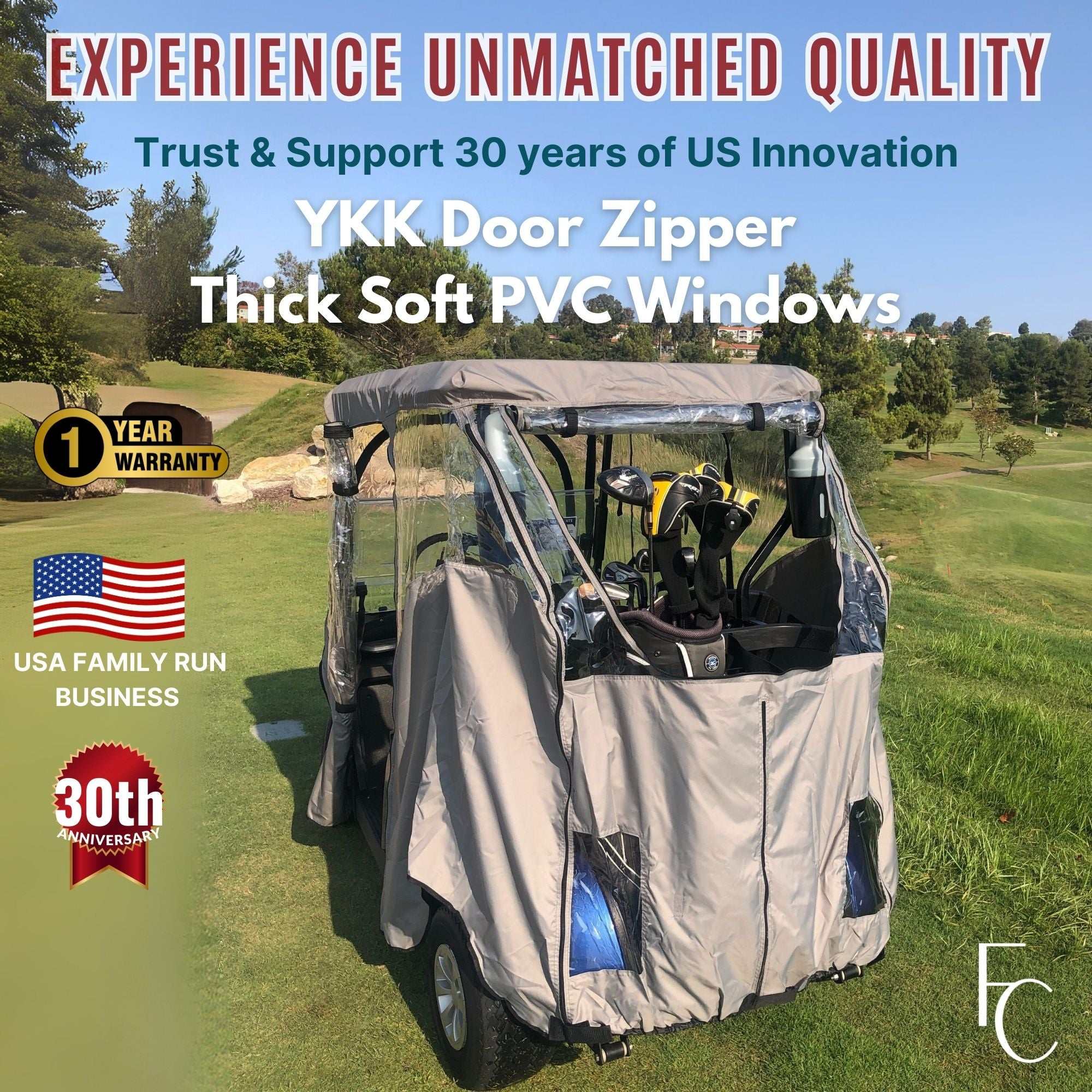 2 Passenger Golf Cart Cover Driving Enclosure YKK Door Zippers - Grey - Image 2