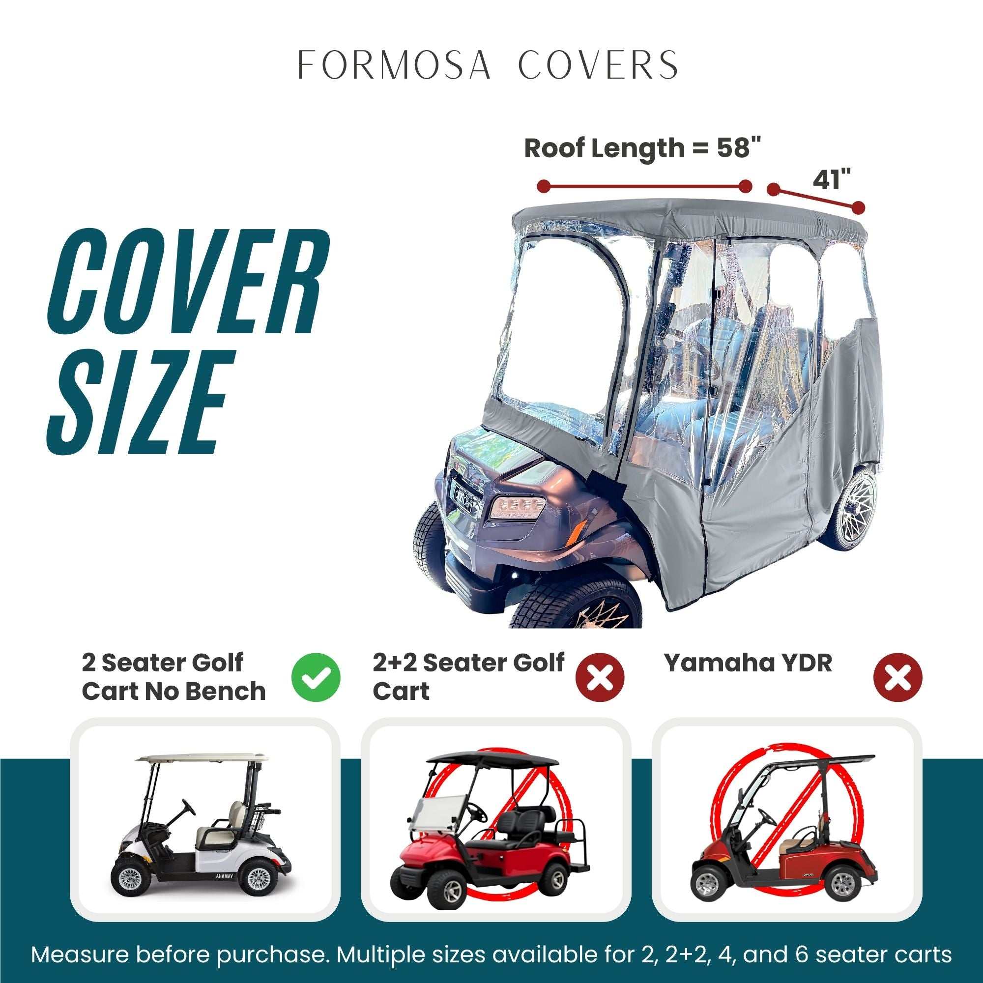 2 Passenger Golf Cart Cover Driving Enclosure YKK Door Zippers - Grey - Image 3