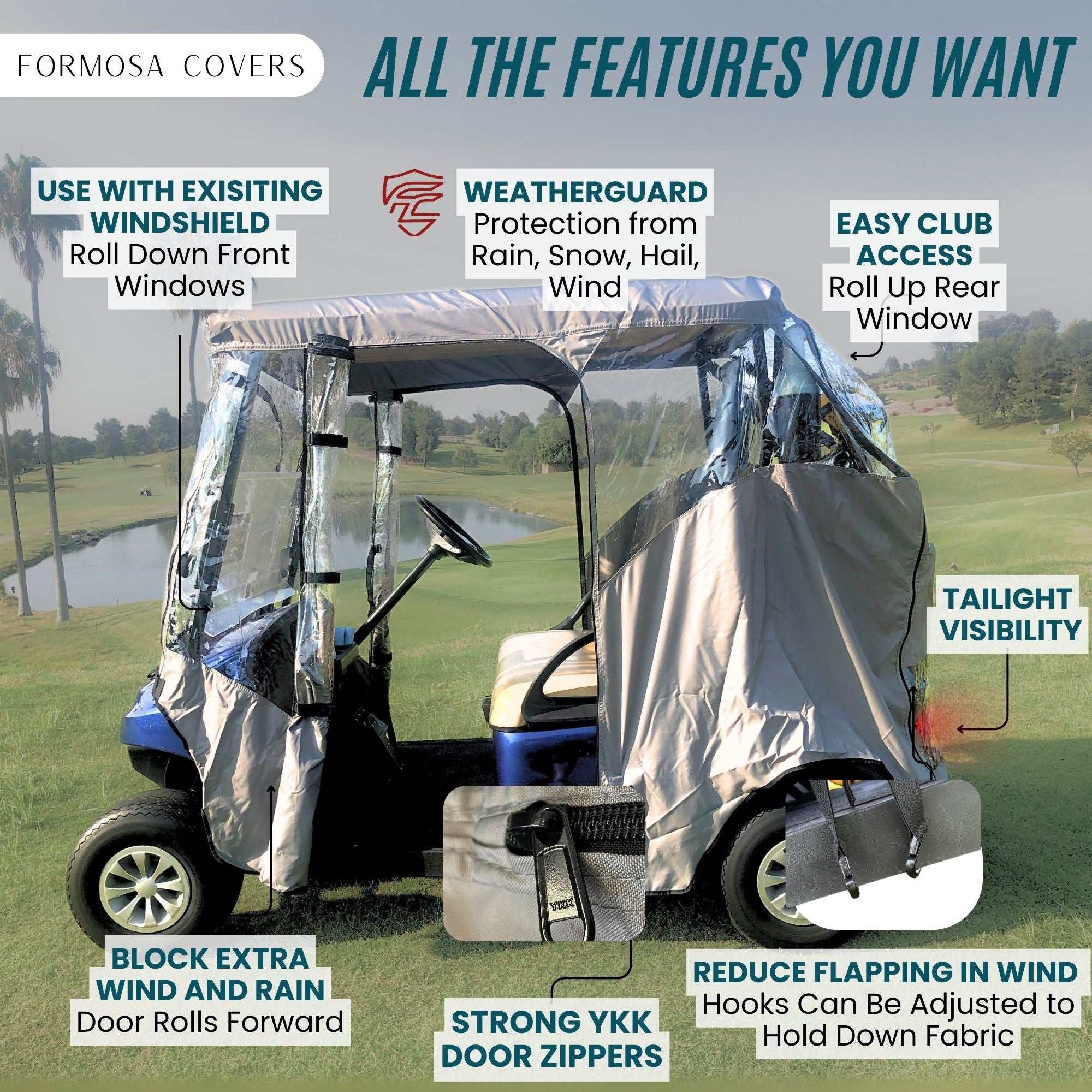 2 Passenger Golf Cart Cover Driving Enclosure YKK Door Zippers - Grey - Image 4