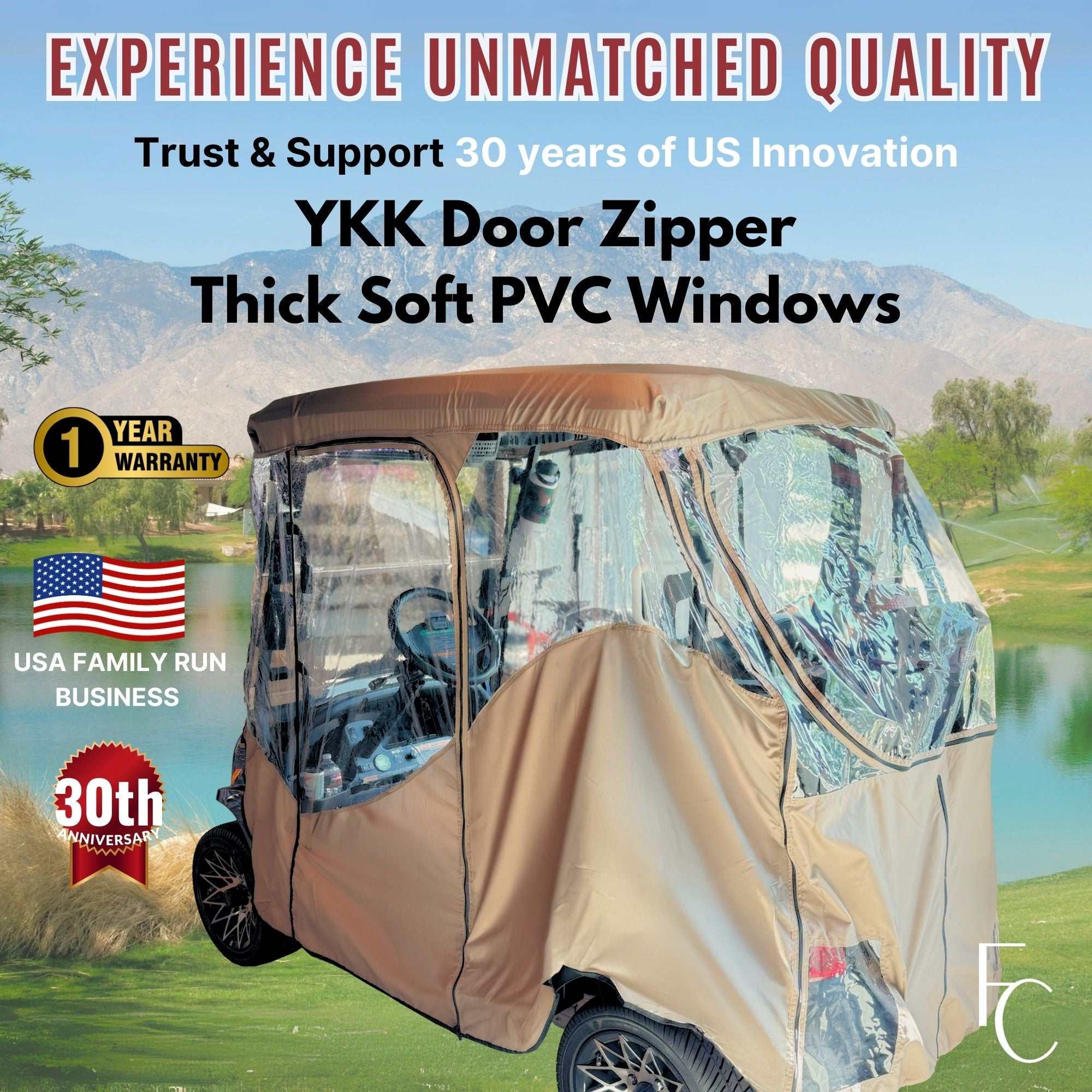 2 Passenger Golf Cart Cover Driving Enclosure YKK Door Zippers - Taupe - Image 2