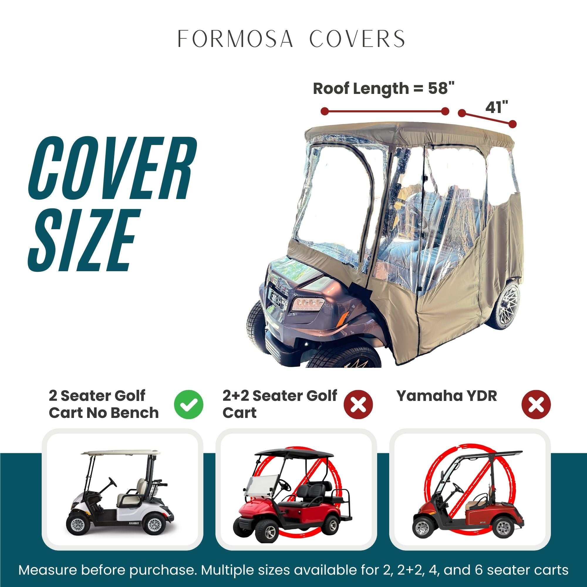 2 Passenger Golf Cart Cover Driving Enclosure YKK Door Zippers - Taupe - Image 3