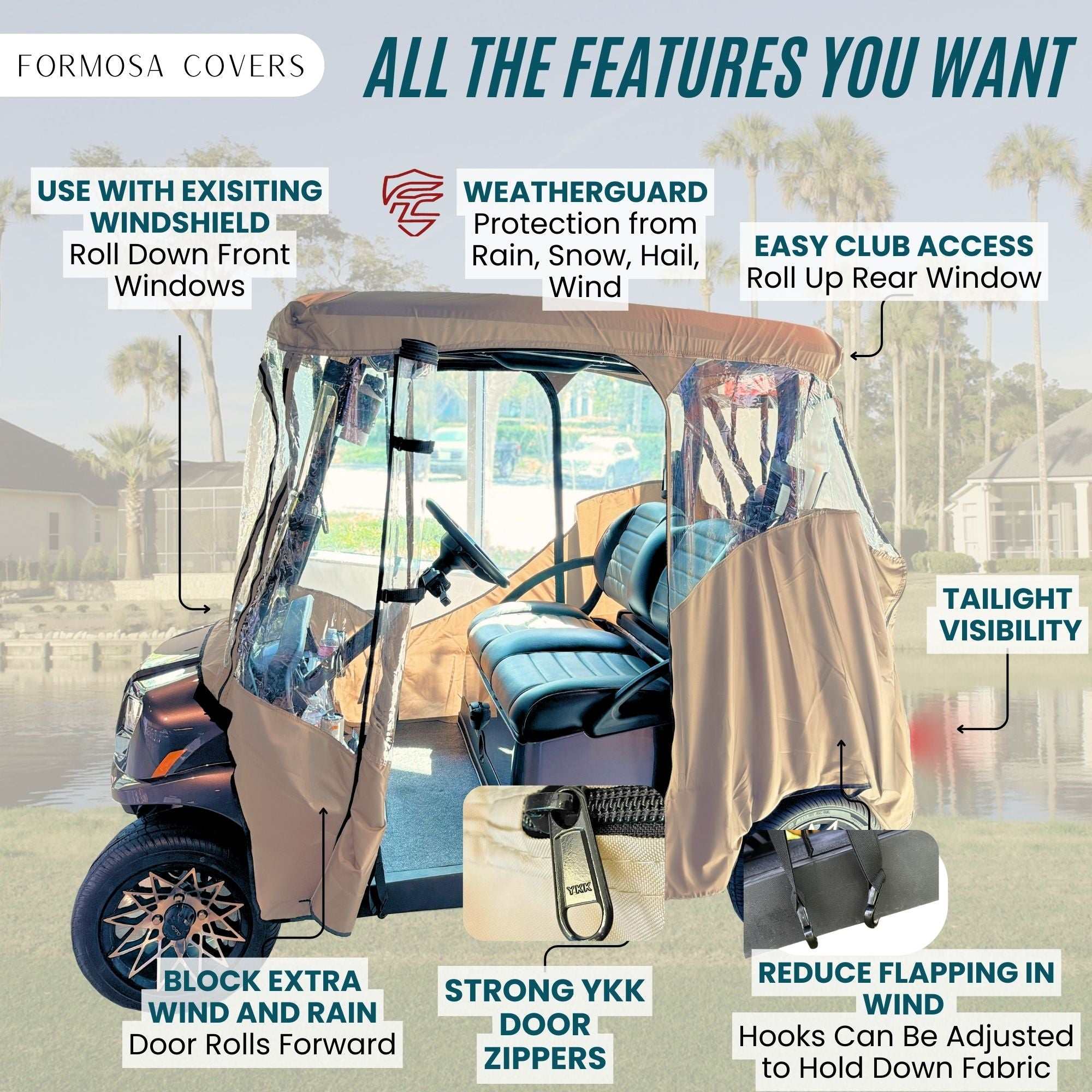 2 Passenger Golf Cart Cover Driving Enclosure YKK Door Zippers - Taupe - Image 4
