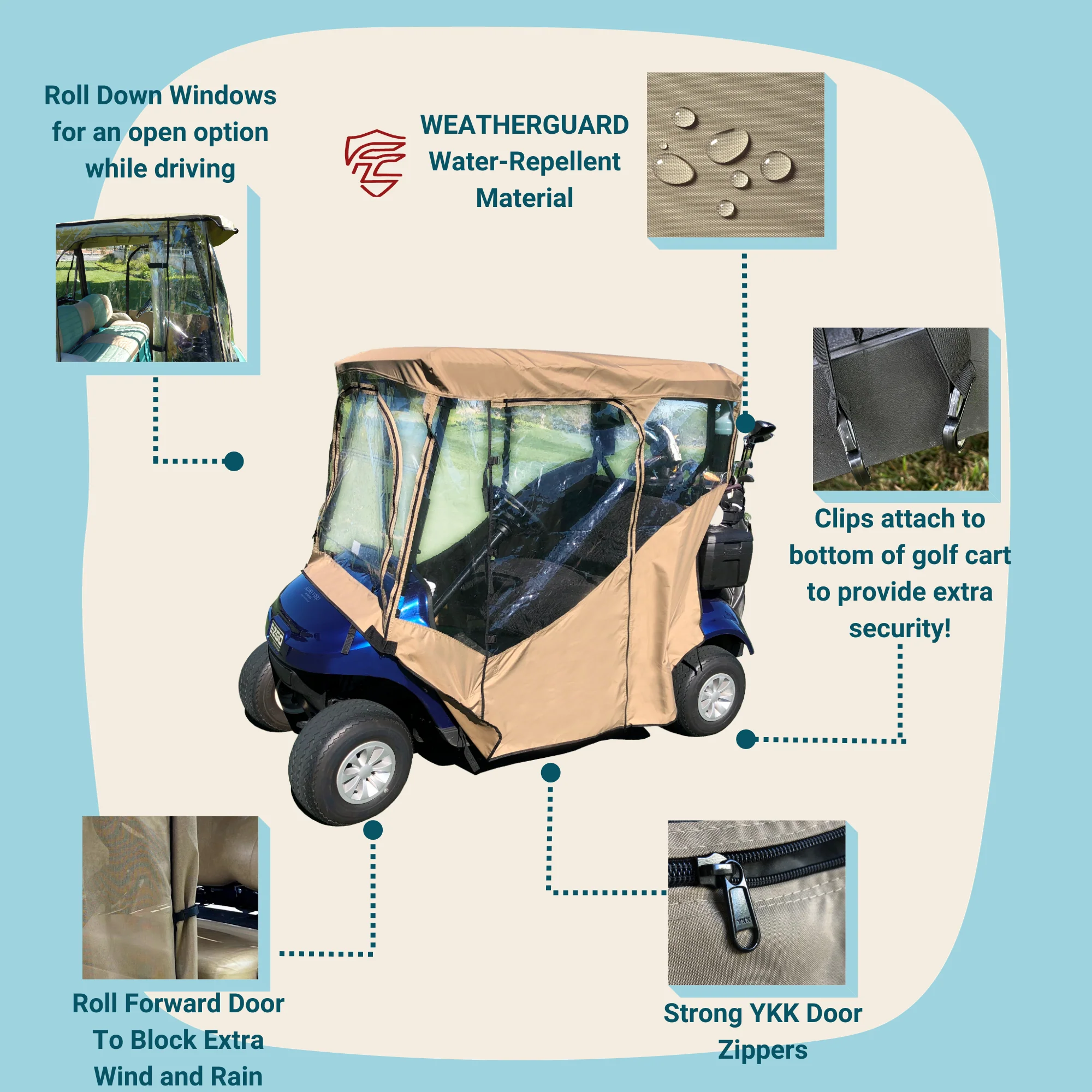2 Passengers Driving Enclosure Roof 56" - 60" Straight Down Tail in Taupe Golf Cart Cover - Image 2