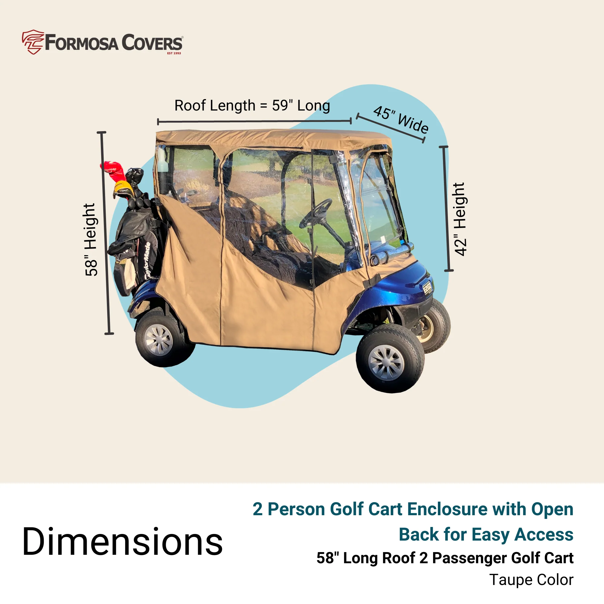 2 Passengers Driving Enclosure Roof 56" - 60" Straight Down Tail in Taupe Golf Cart Cover - Image 3