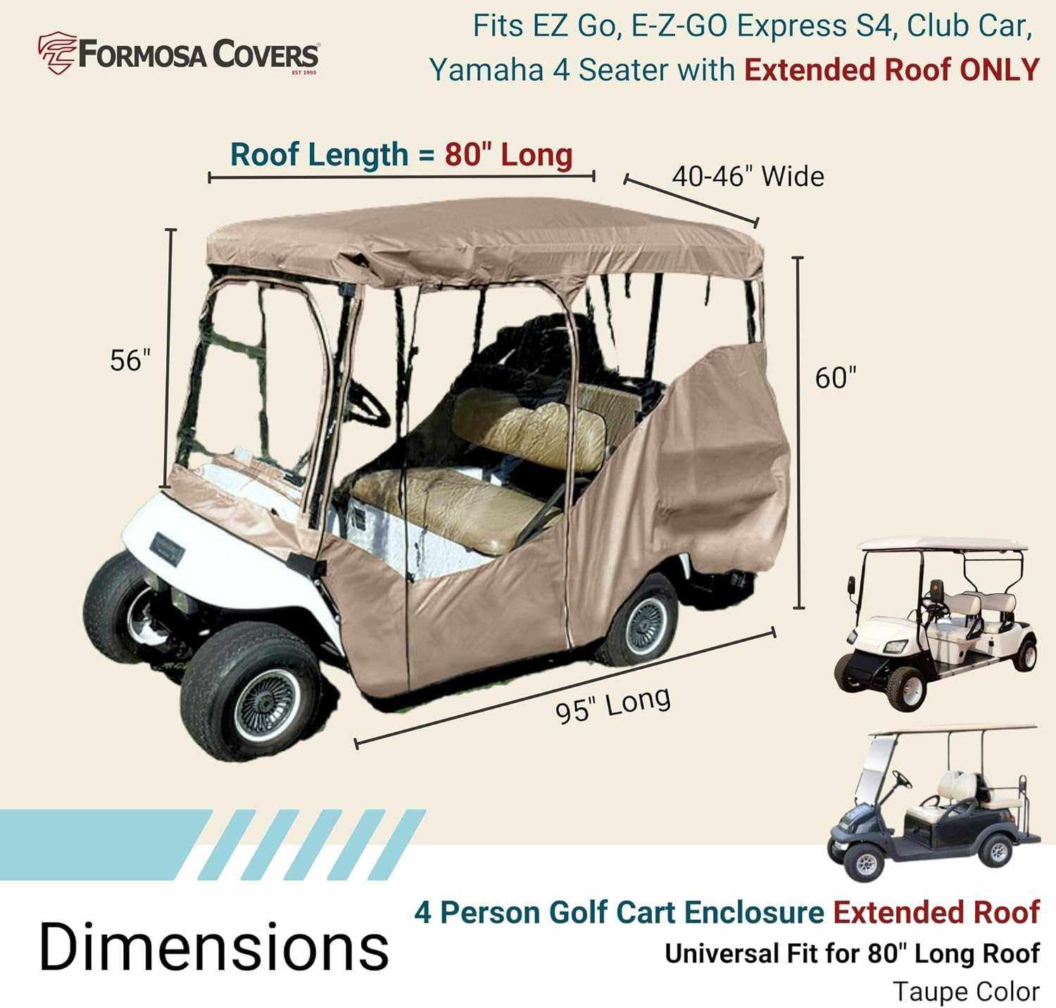 4 Passenger Golf Cart Driving Enclosure Cover (4 Seater Long Roof 80") Taupe - Image 3
