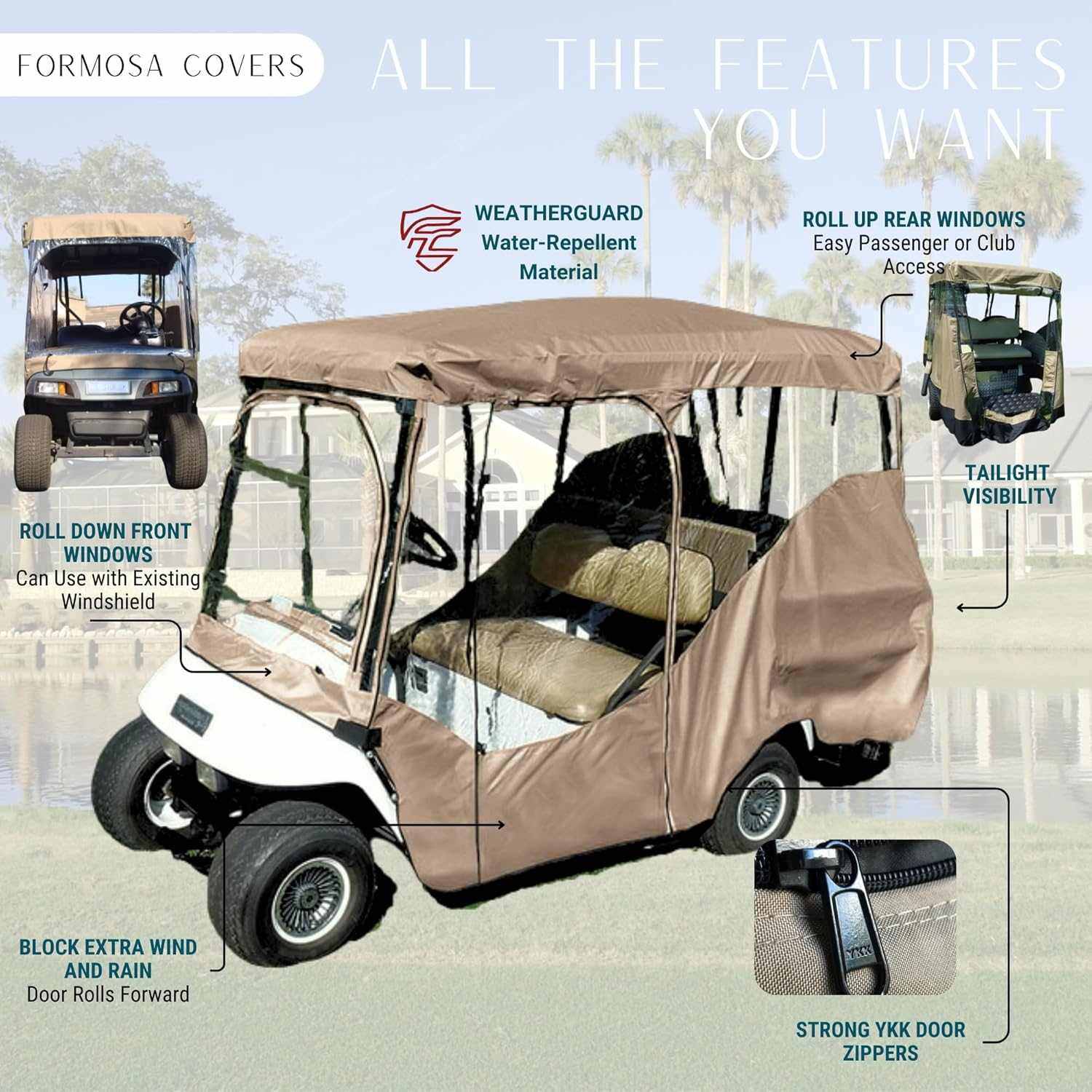 4 Passenger Golf Cart Driving Enclosure Cover (4 Seater Long Roof 80") Taupe - Image 4