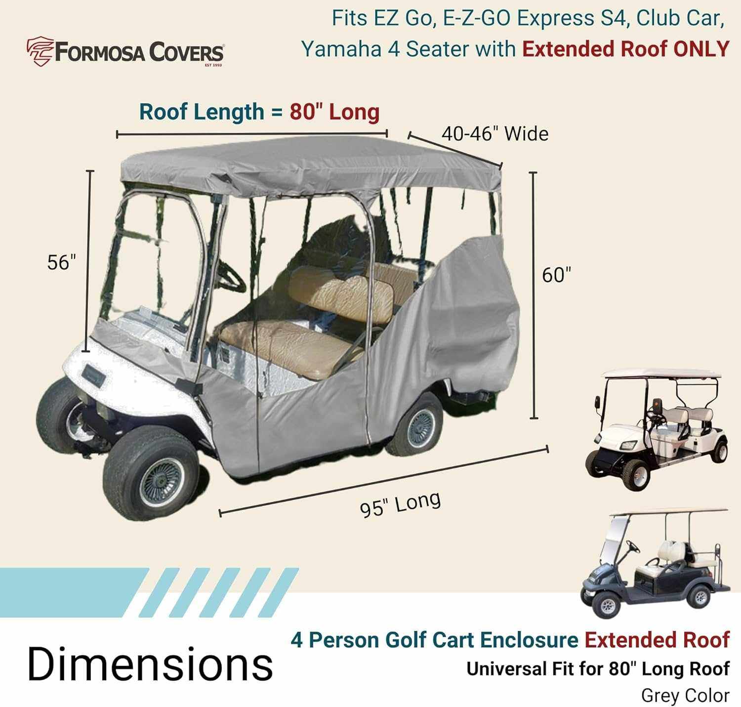 4 Passenger Long Roof Golf Cart Enclosure (Roof Length 80") Grey - Image 2