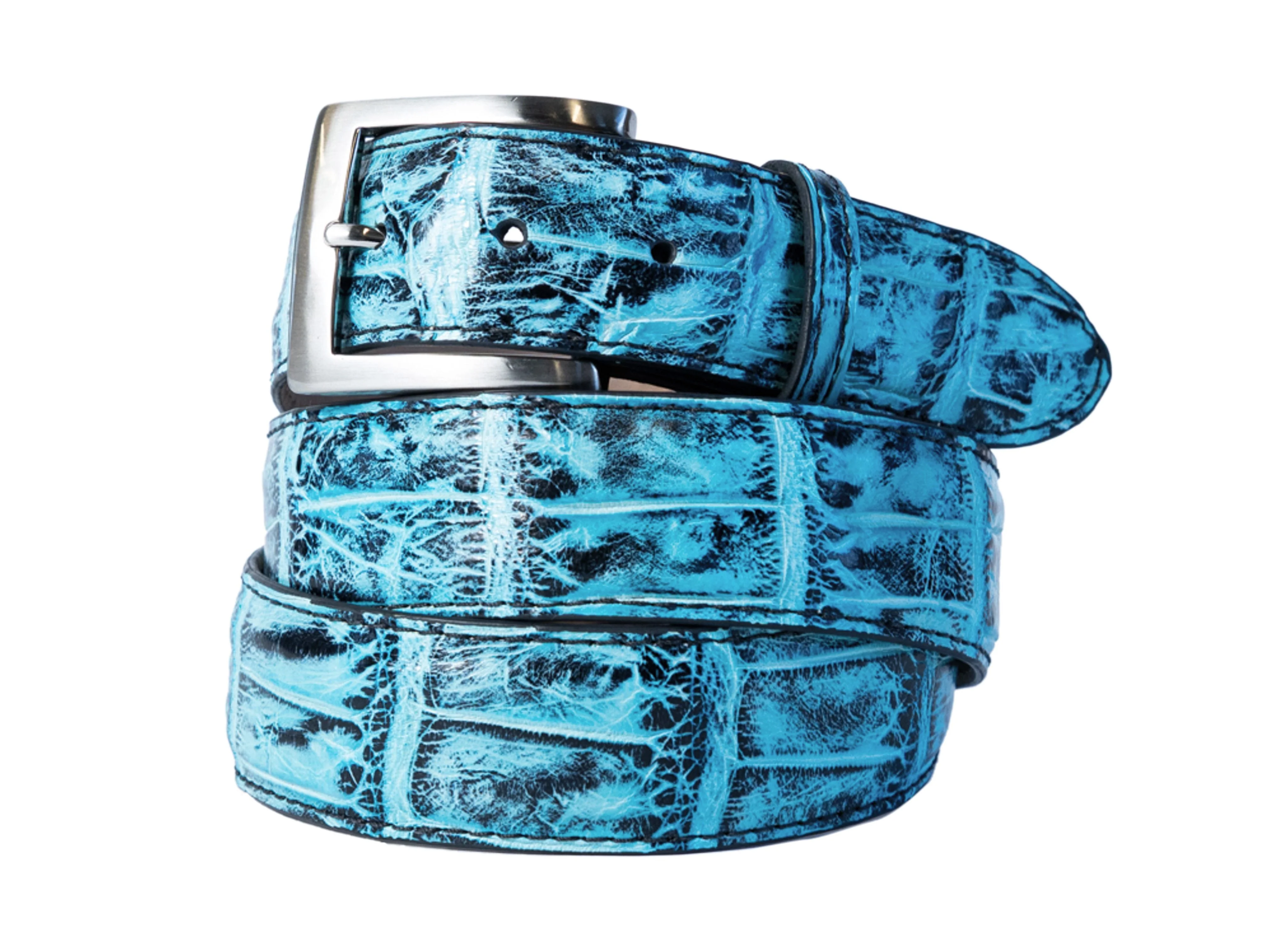 Alligator Skin Handpainted Belt Blackened Tiffany Blue
