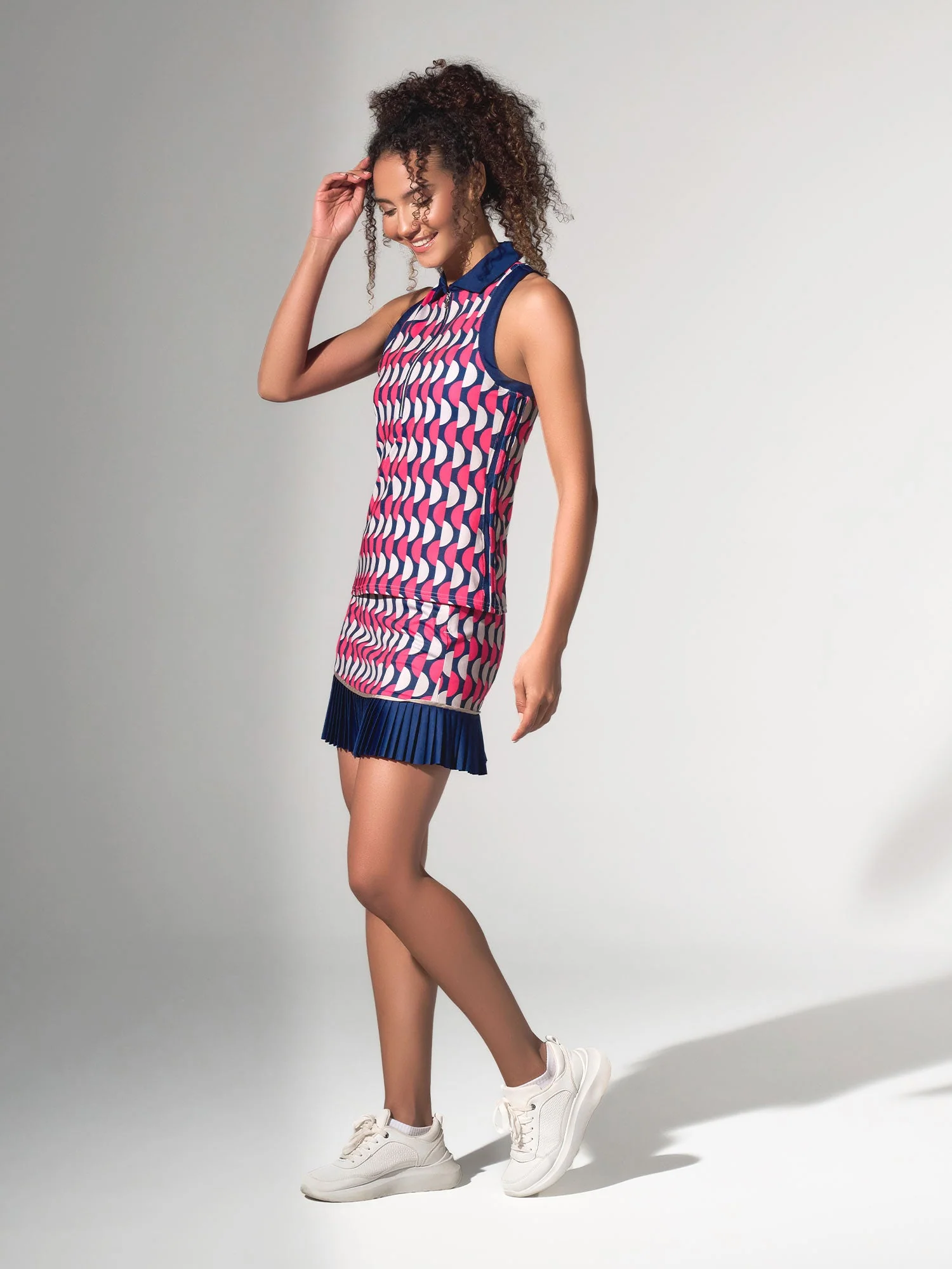 Ava Sleeveless Women's Golf & Tennis Polo Top - Geo Print/Ink - Image 5