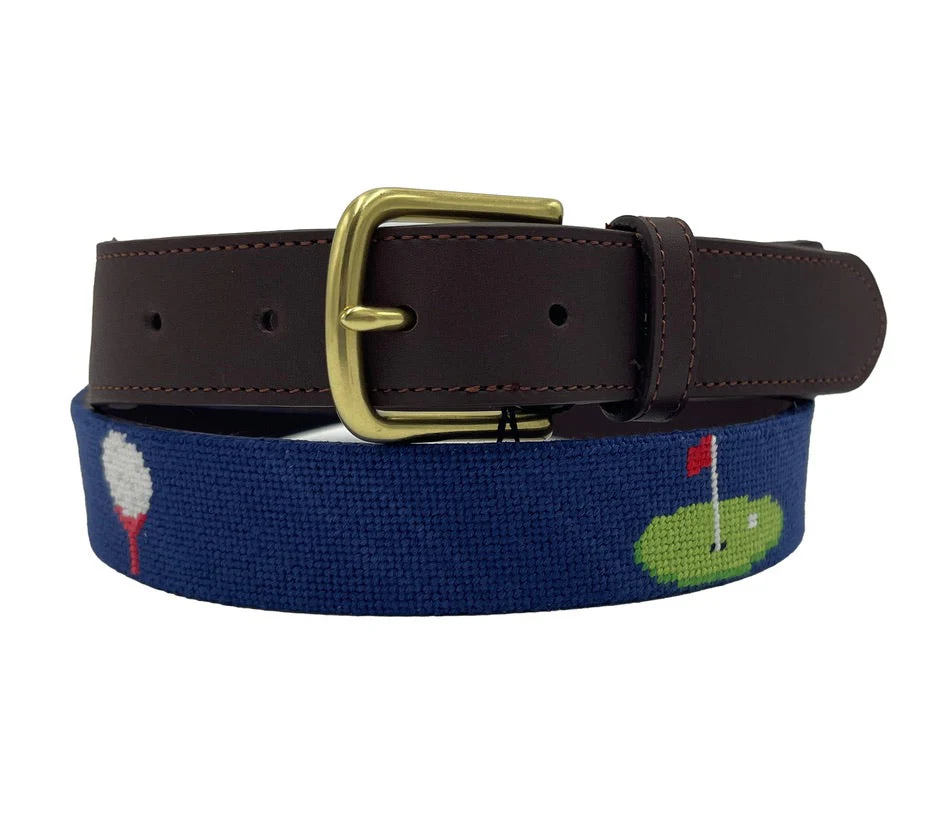 Charleston Belt Golf Green Gator Croc Leather Hand-stitched Needlepoint Belt Navy Blue - Image 4