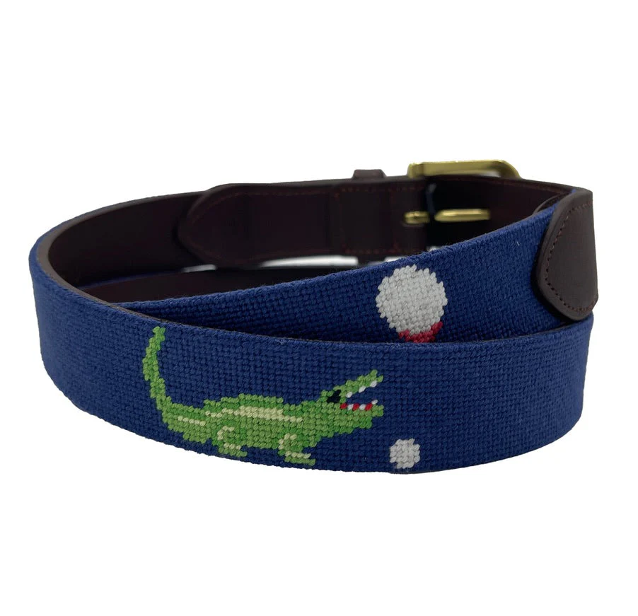 Charleston Belt Golf Green Gator Croc Leather Hand-stitched Needlepoint Belt Navy Blue - Image 5