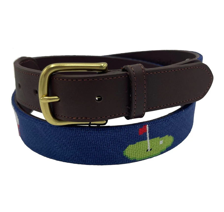 Charleston Belt Golf Green Gator Croc Leather Hand-stitched Needlepoint Belt Navy Blue - Image 6