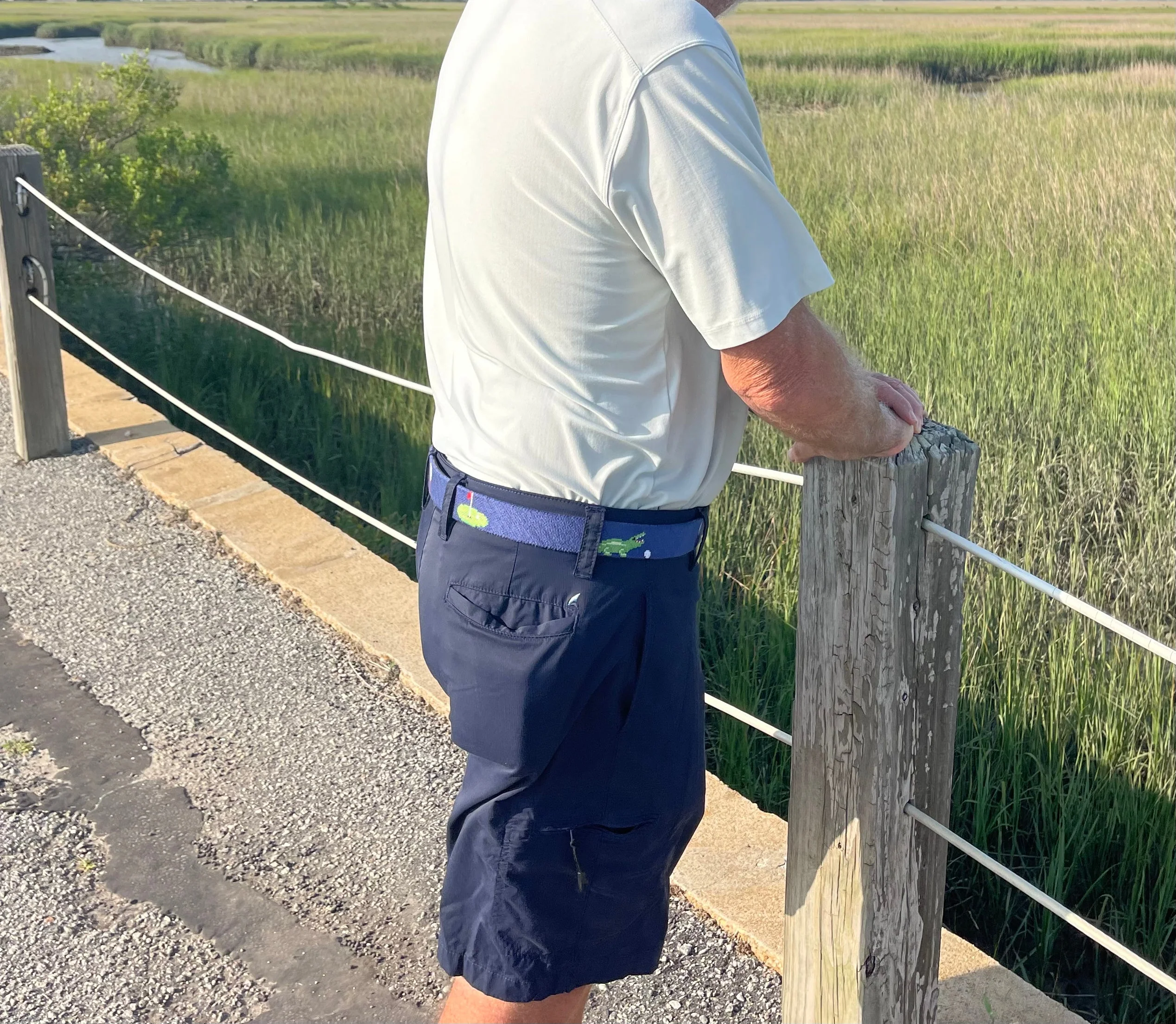 Charleston Belt Golf Green Gator Croc Leather Hand-stitched Needlepoint Belt Navy Blue - Image 7