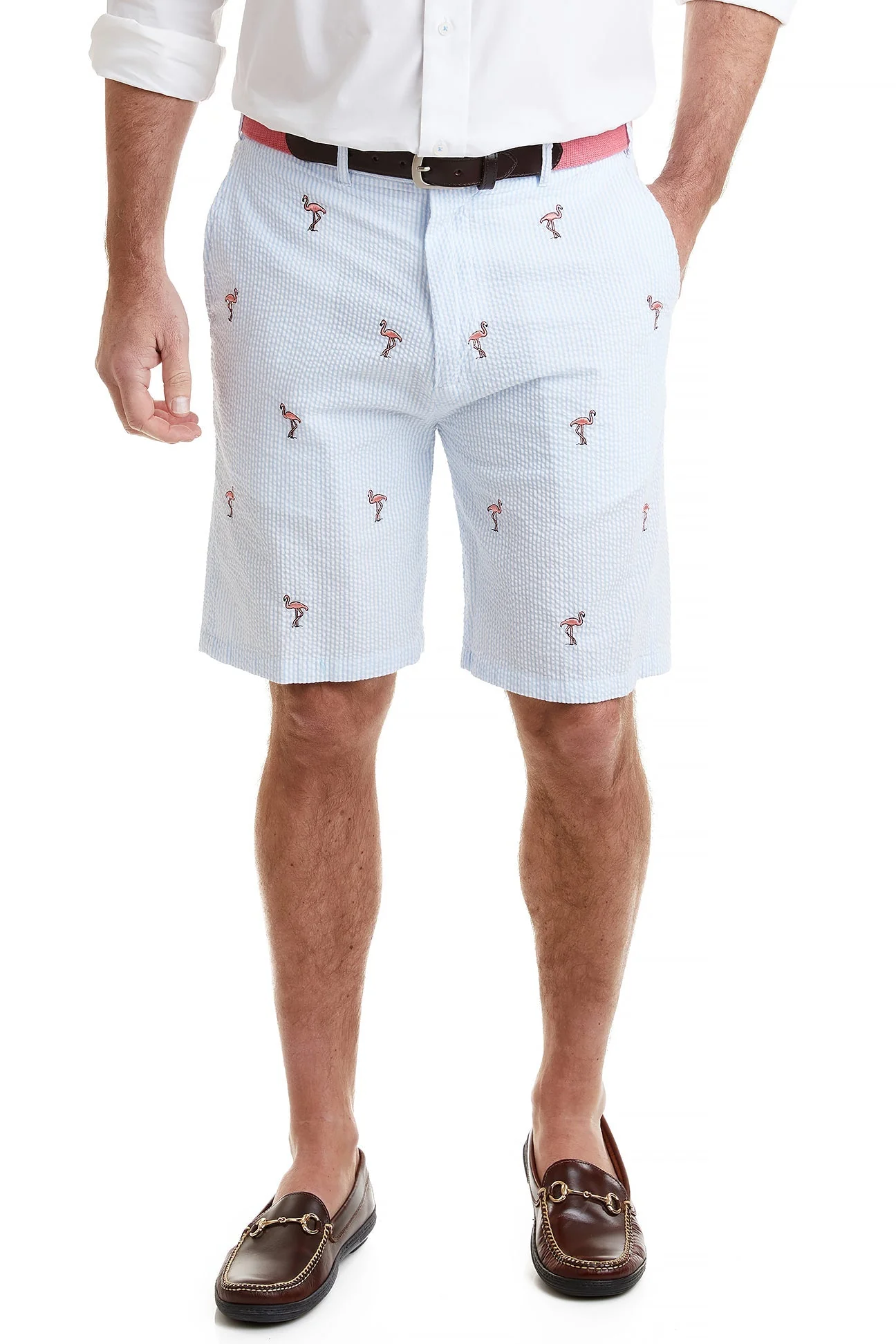 Cisco Short Stretch Twill Blue Seersucker with Flamingo