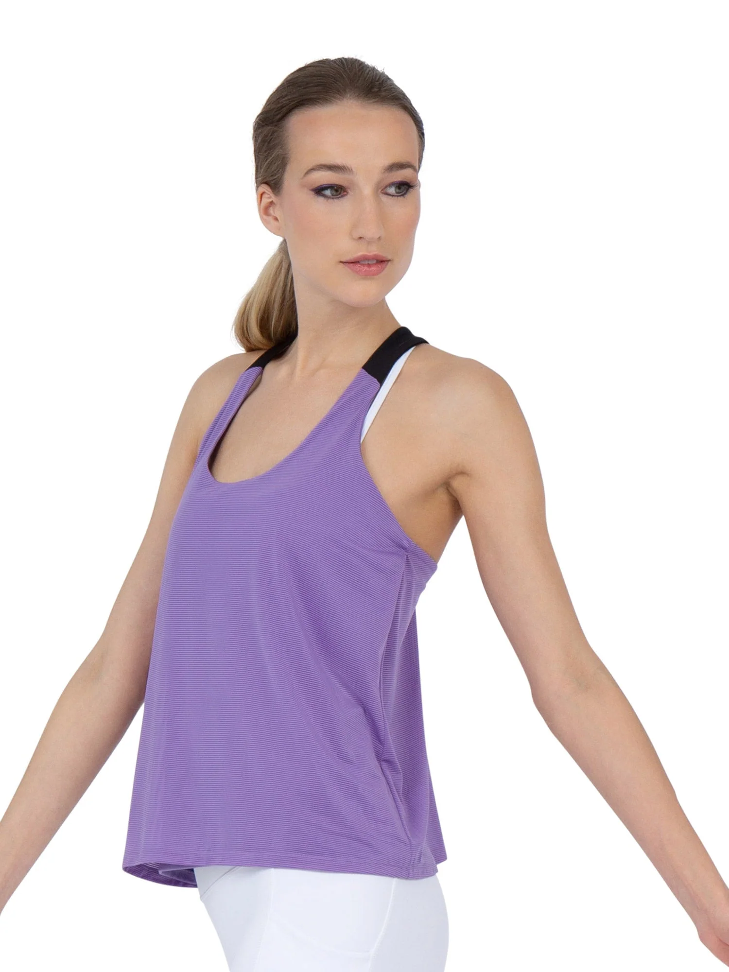 Double-Layered "T" Racer Back Camila Tank - Lavender/Black - Image 2