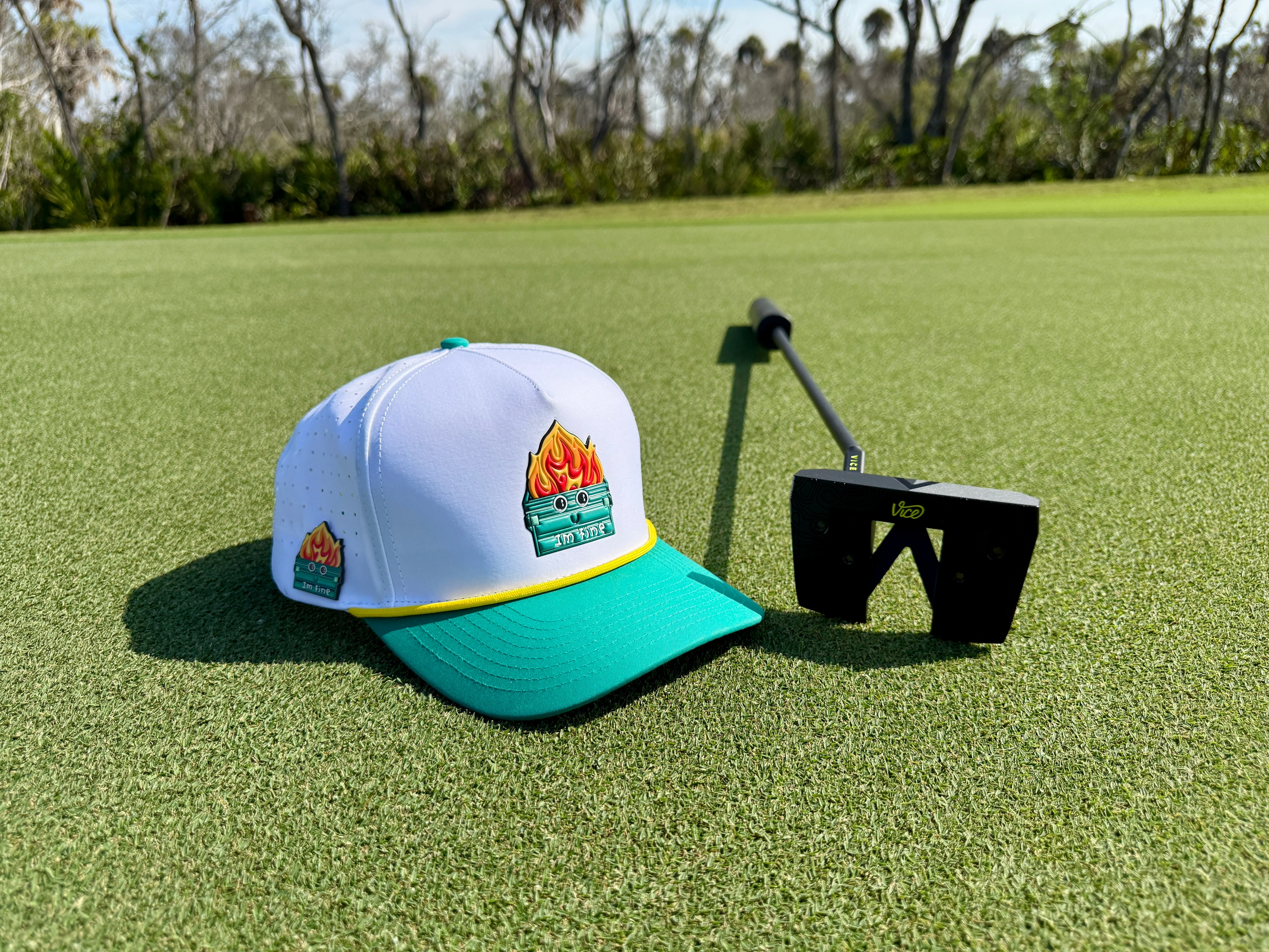 Dumpster Fire Golf Hat | Snapback Cap | Built-in Magnetic Ball Marker Holder + Marker Included | Adjustable | Trash Waste White, Teal - Image 6