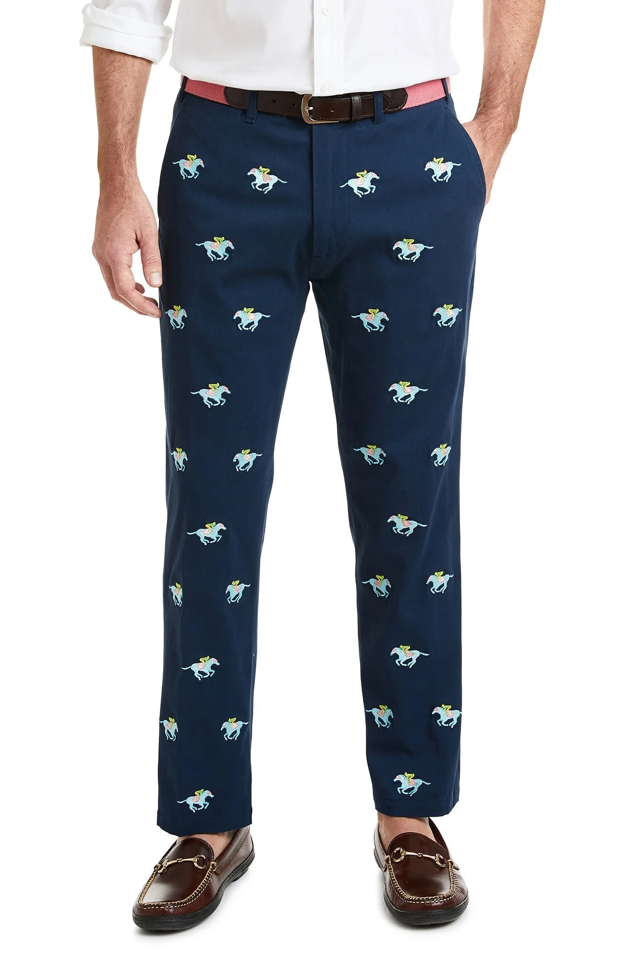 Harbor Pant Stretch Twill Nantucket Navy with Pastel Racing Horses - Image 3