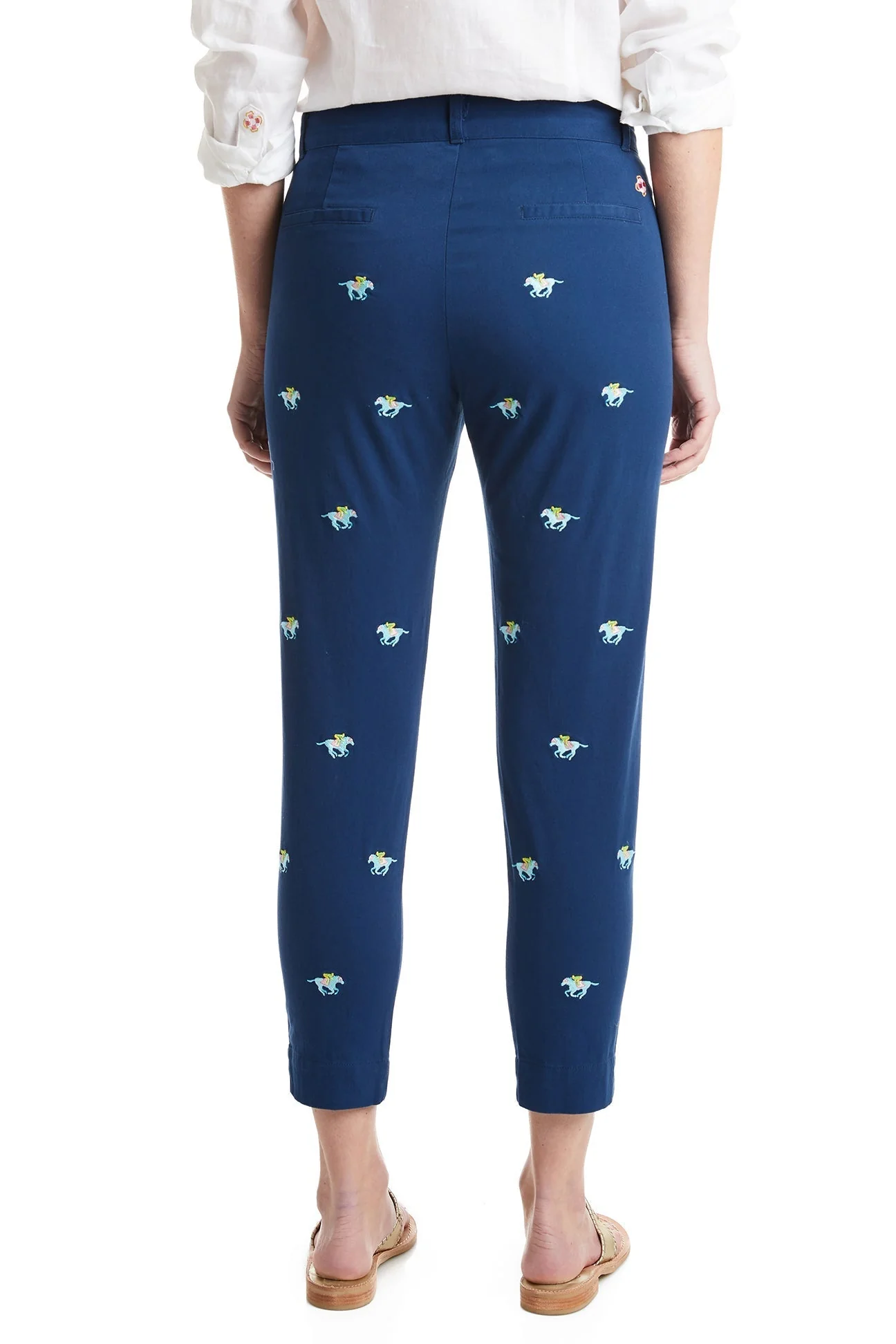Ladies Ankle Capri Stretch Twill Nantucket Navy with Pastel Racing Horses - Image 2
