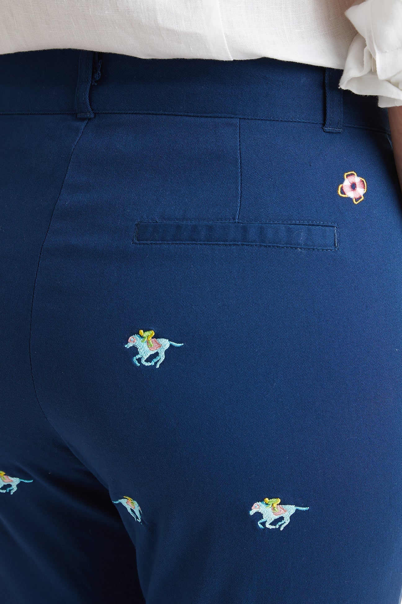 Ladies Ankle Capri Stretch Twill Nantucket Navy with Pastel Racing Horses - Image 3