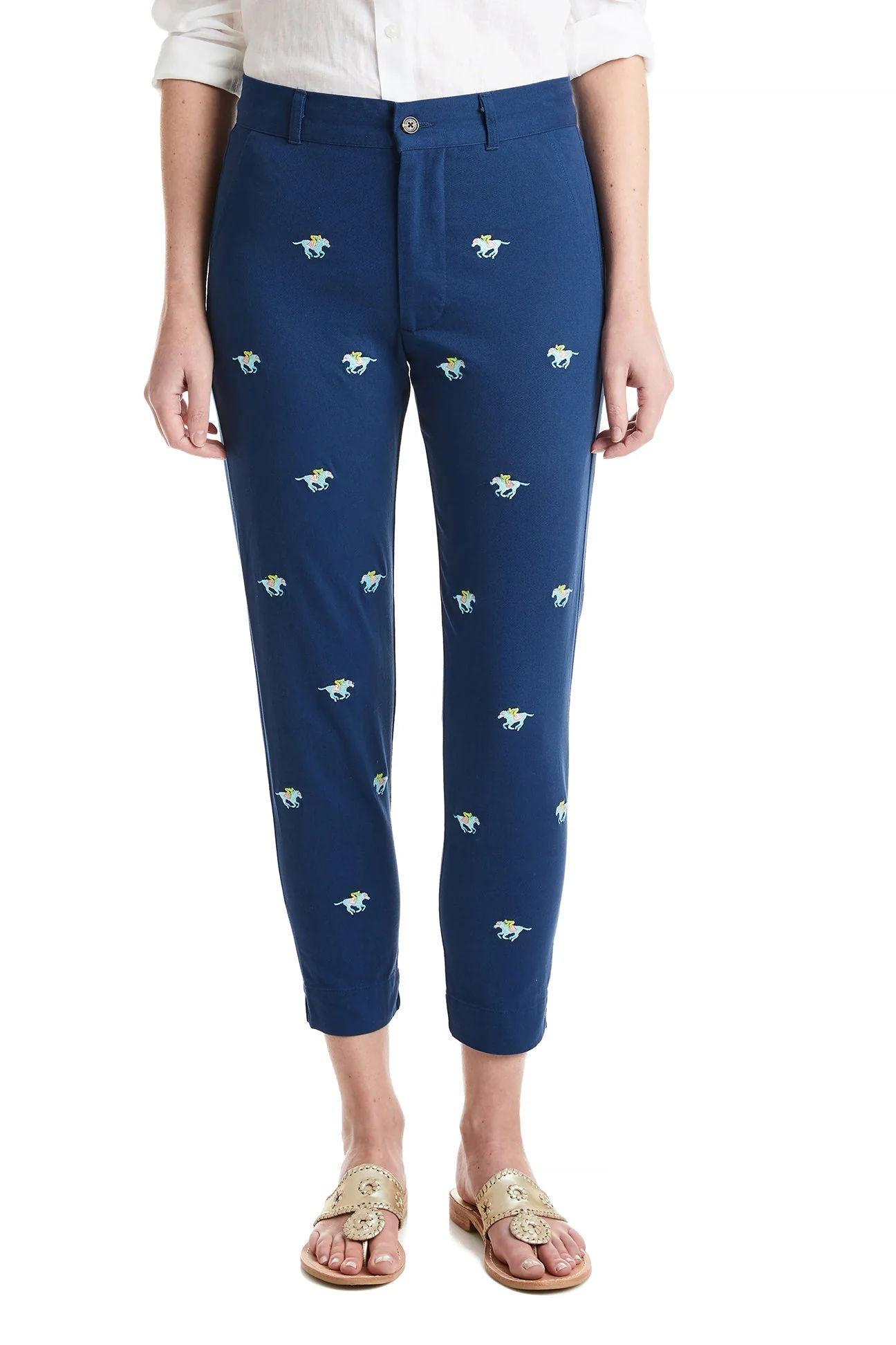 Ladies Ankle Capri Stretch Twill Nantucket Navy with Pastel Racing Horses - Image 4