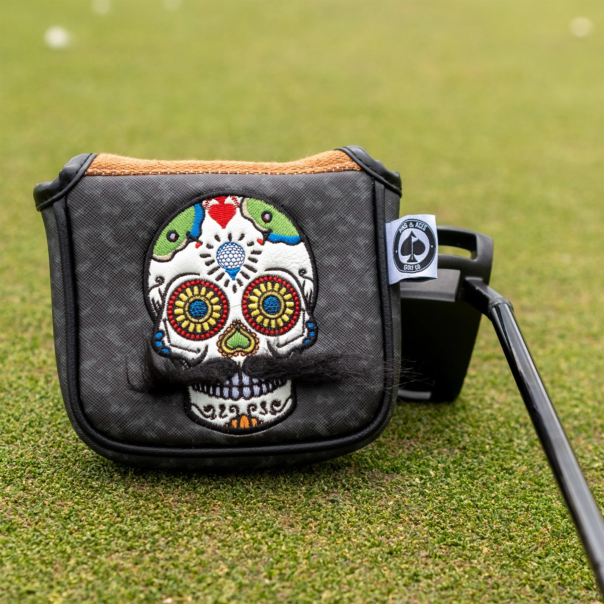 Mustache Sugar Skull - Mallet Putter Cover Gray Camo - Image 11