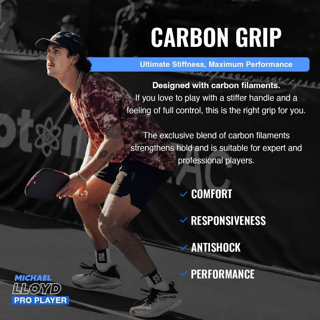 Pickleball Carbon Grip - 5.25 Inches Long - Stiff Feel - Charcoal - Image 2